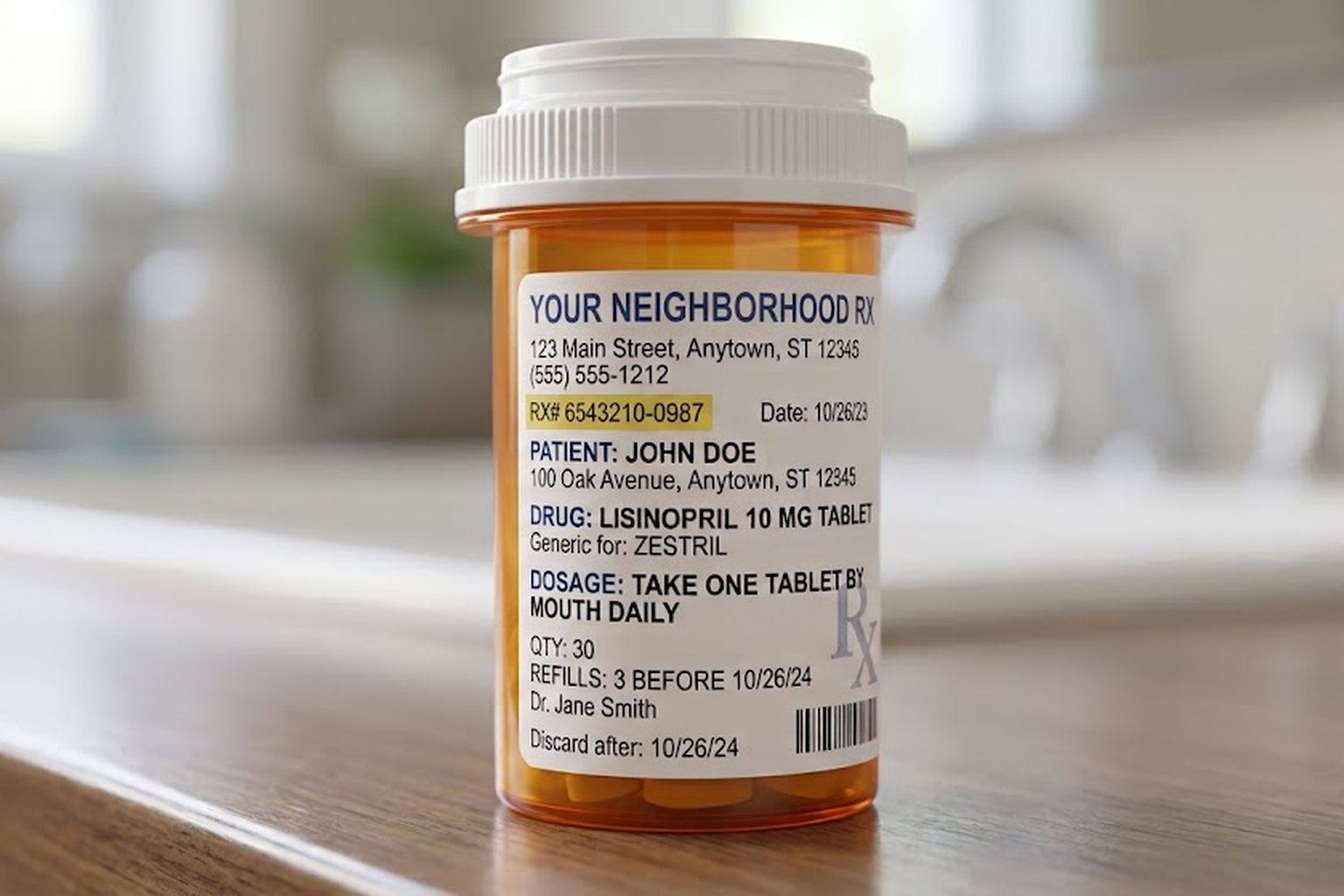 Amber prescription bottle with a demonstration label, used to illustrate the Pill Bottle Analyzer API.