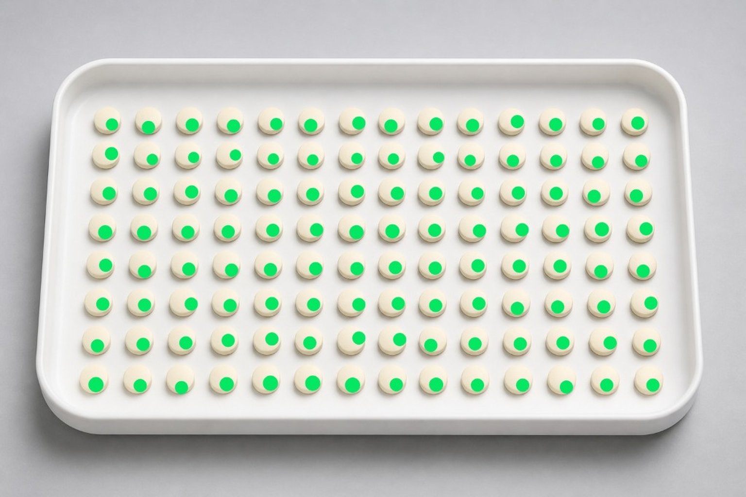 Counting tray of cream tablets, each marked with a green detection dot, used to illustrate the AI Pill Counter API.